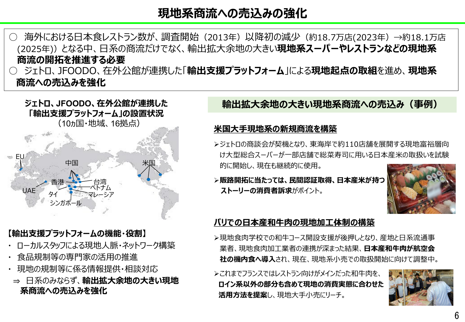 輸出支援プラットフォームの設置国・地域（10か国・地域16拠点）を示した世界地図と、米国大手現地系での日本産米、パリでの和牛肉の現地加工体制といった商流事例の箇条書きが並んだ「現地系商流への売込みの強化」のスライド。