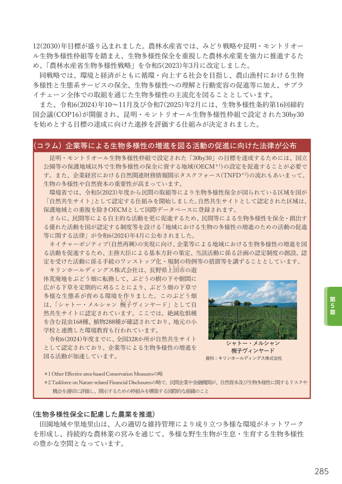 自然共生サイトに認定されたシャトー・メルシャン椀子ヴィンヤード（長野県上田市）のぶどう畑と周囲の自然環境の写真。